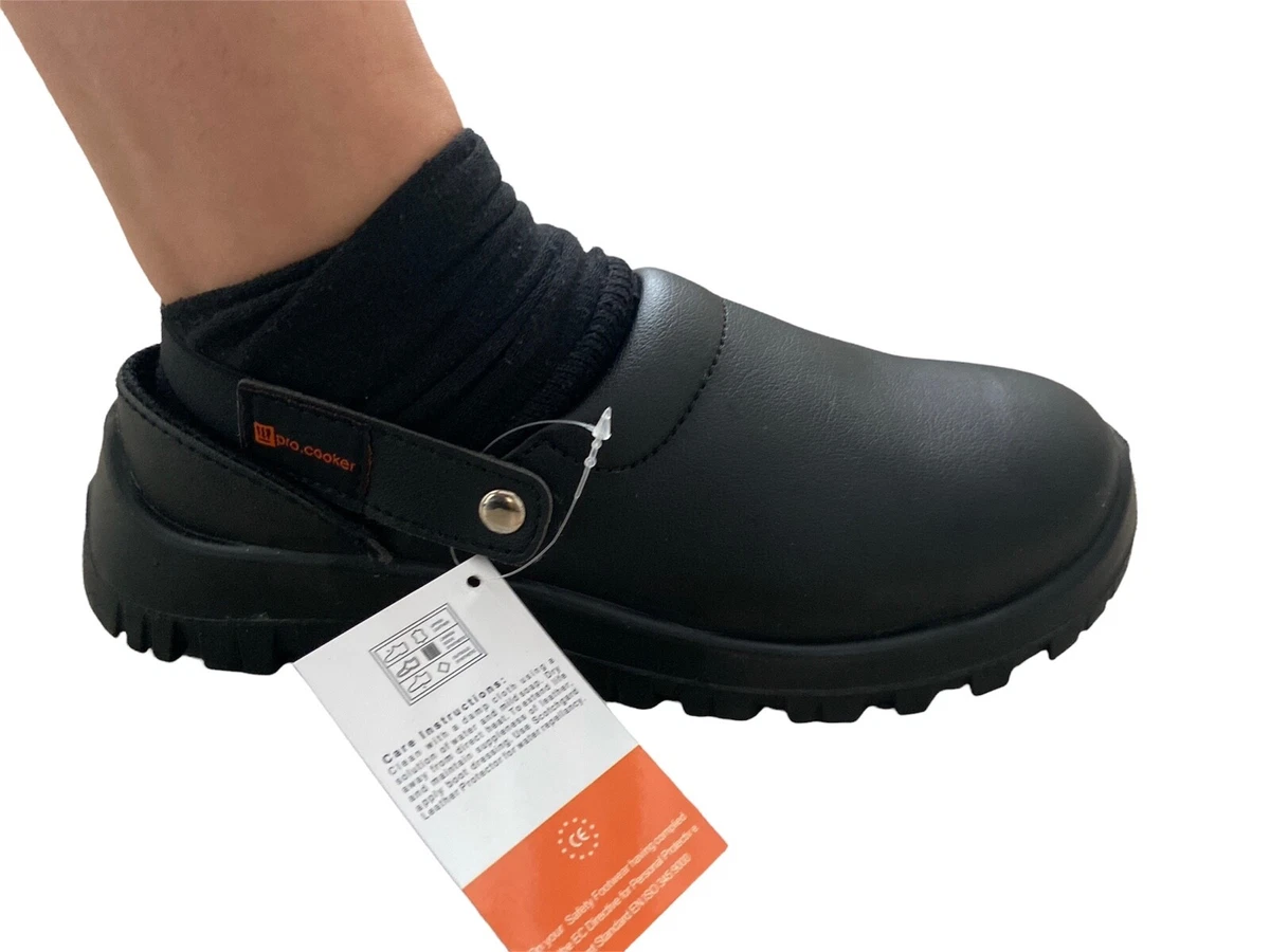 LEATHER UPPER CHEF KITCHEN WORK CLOGS SHOES BLACK 6 7 8 9 STEEL TOE ANTI SLIP