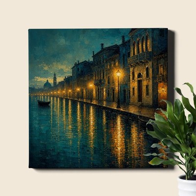 City Canal Canvas Print Night Painting Waterfront Lights Reflection