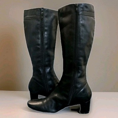 Ecco Bremen Tall Leather Black Boots Womens Sz 6.5 EU 37 Stacked Heel Almond Toe