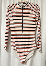 J Crew Womens Swimsuit Size 10 White Striped Rash Guard One Piece Long Torso