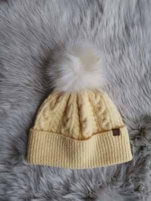 David & Young Damen Mütze Gelb Bommelmütze Zopfstrick Beanie - Top Zustand
