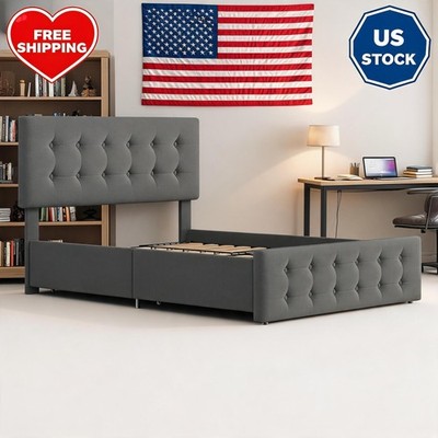 Full Upholstered Bed Frame with Adjustable Headboard, 4 Storage Drawers   Sturdy
