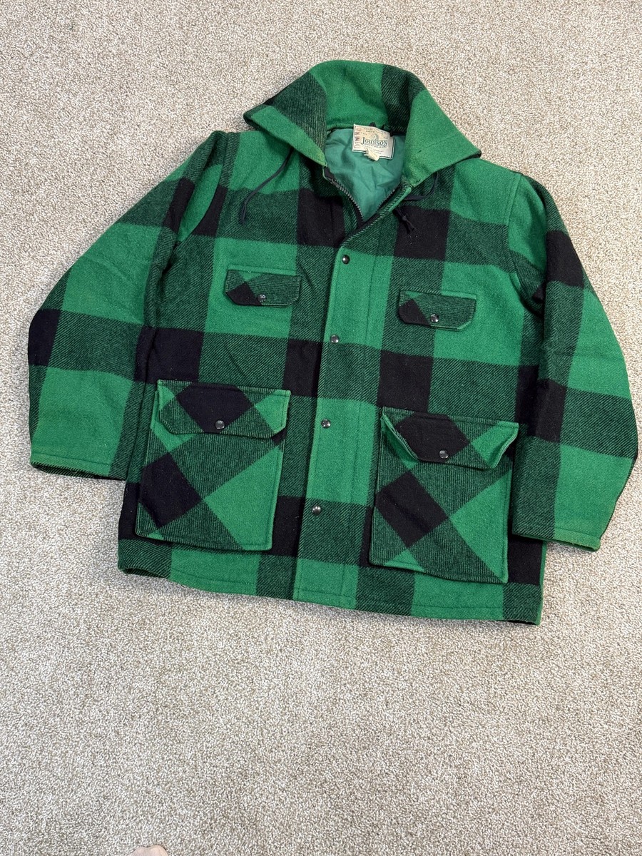 VTG Johnson Woolen Mills Coat Mens 46 Mackinaw Green Wool Buffalo
