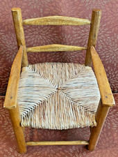 Vintage Handmade Oak Wooden Doll Chair W/Woven Seat Rustic Style 11 x 6