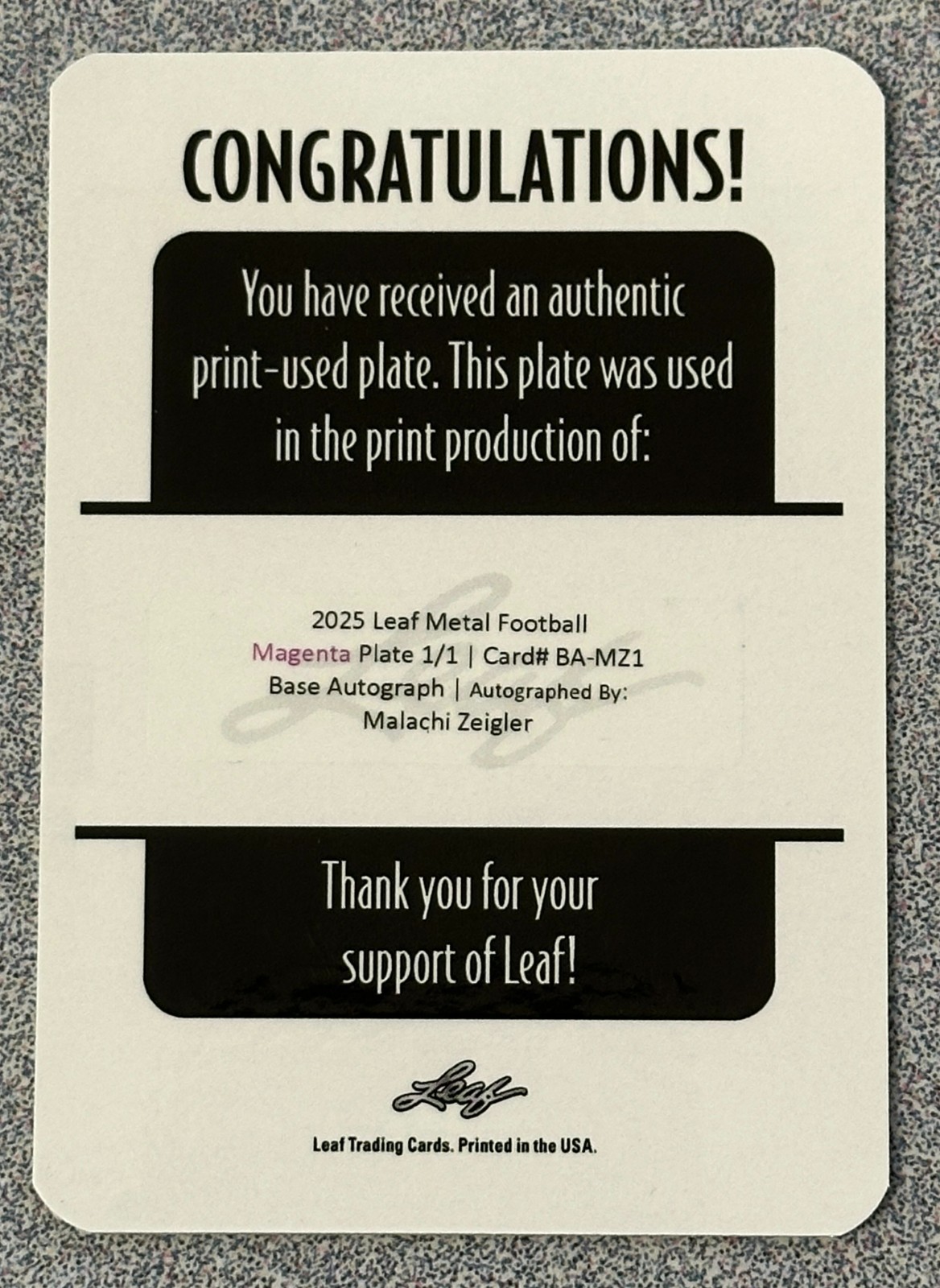 2025 Leaf Metal Football Malachi Zeigler Printing Plate Auto #d 1/1 SMU QB view 2