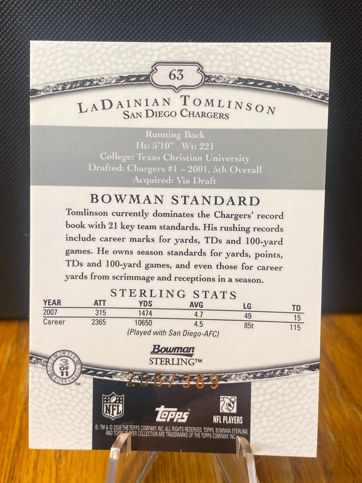 2008 Bowman Sterling - LaDainian Tomlinson #63 Refractor /389 (MEM) - Image 2 of 2