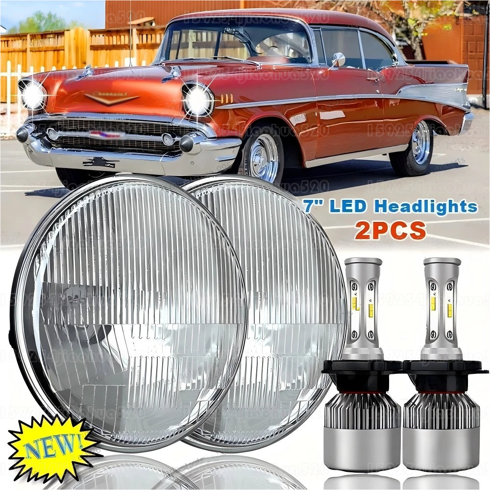 Pair 7" Inch Rround LED Headlights Hi/LO Sealed Beam for Chevy Bel Air 1955-1957
