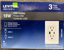 (3-Pk) Leviton USB Outlets Type A/C Duplex Receptacle White 18W - NEW