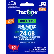 Tracfone 102 USD Nieograniczona rozmowa i tekst, 24 GB danych / 180 dni (karta fizyczna)