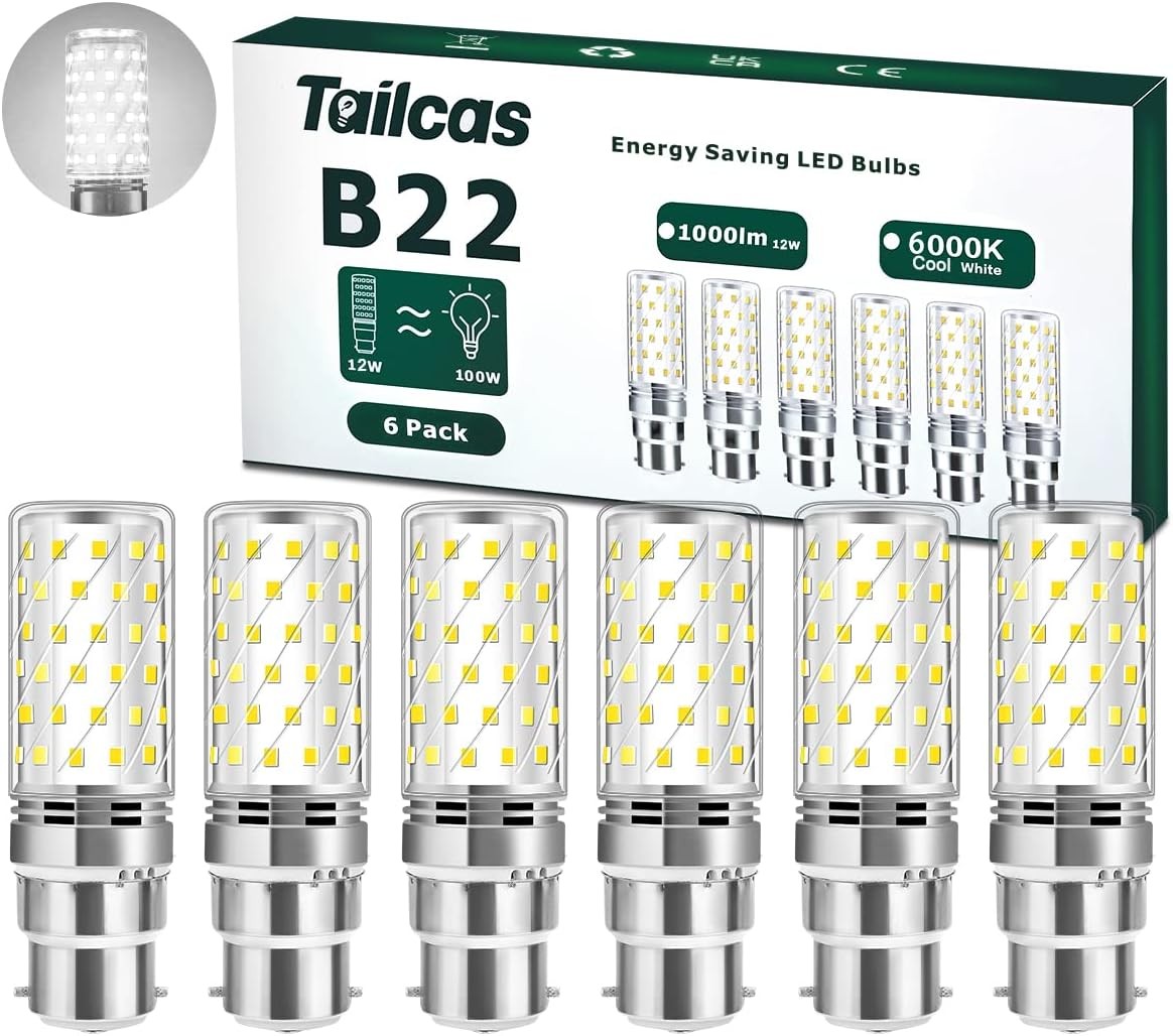 Tailcas B22 LED Bayonet Light Bulbs, 12W Bayonet LED Bulb 6000K Daylight White
