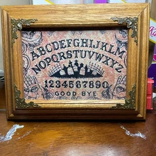unique, very nice solid oak framed ouija board print. 10x8