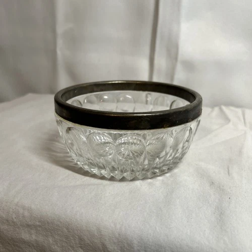 Vintage Depression Cut Glass Bowl With Metal Rim V163