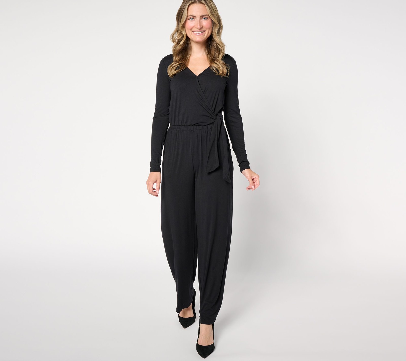 Women with Control Women's Petite Dress PL Knit Wrap Jumpsuit Black A663629