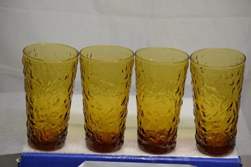 4 VINTAGE ANCHOR HOCKING GLASS TUMBLERS LIDO MILANO 5 1/2" AMBER COLOR