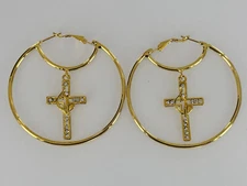 Baby Phat With Cross & Circle Rhinestone Gold Jumbo Hoop Pair Earrings