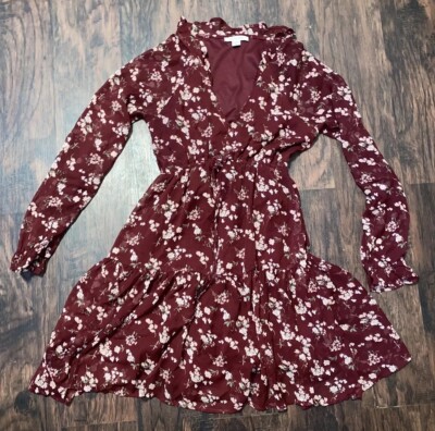 Beautiful Maroon Color Floral Long Sleeve Dress By American Eagle! Size XS  | eBay