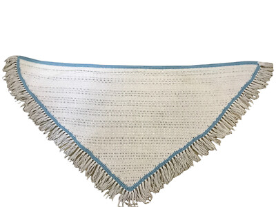Triangular Baby Lap Afghan/Blanket Throw White Blue Handmade Crocheted 31  X 64 