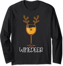 Wine Deer Funny Christmas Reindeer Nose Antlers Gift Long Sleeve T-Shirt