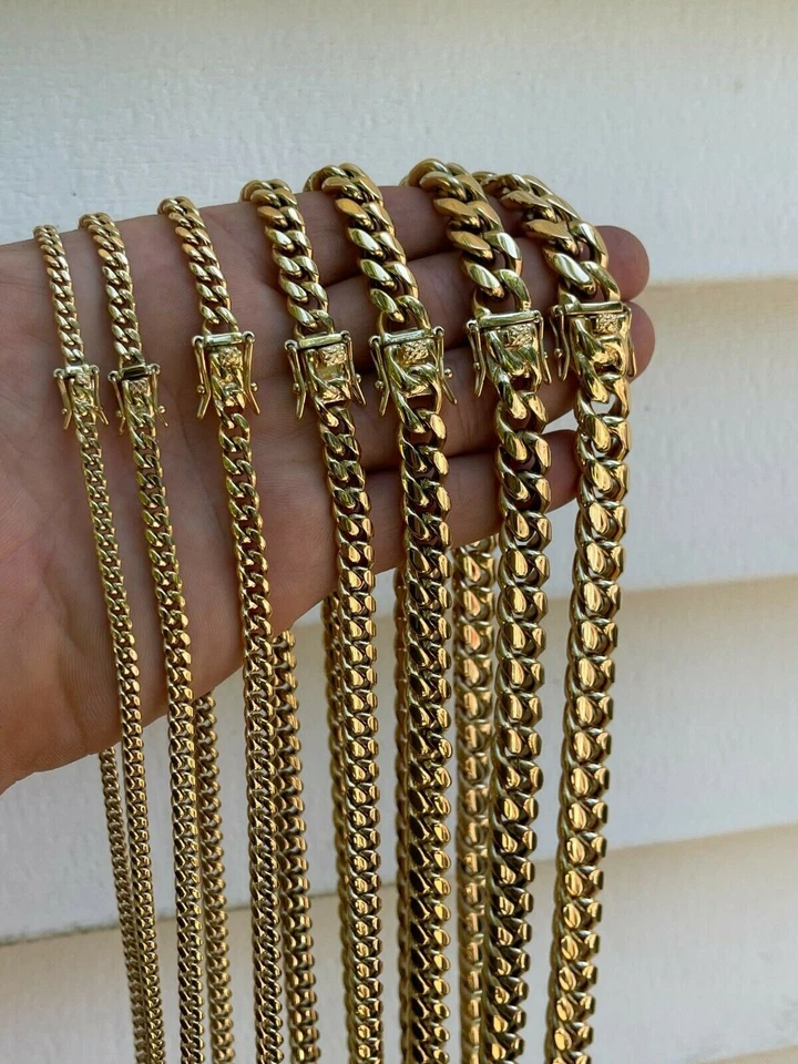 Miami Cuban Link Chain Necklace Bracelet 14k Gold Plated Stainless Steel 4-14mm - Image 2 of 4