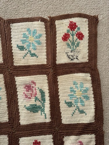 Antique Floral Pattern Hand Crochet Rug Wall Hanging Throw 53”x26”. (T8) - Picture 3 of 7