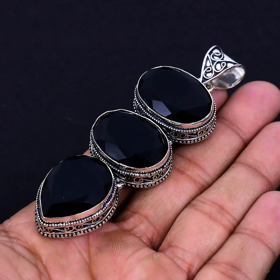 Nero Spinello Gemma a Mano 925 Pendente Argento Sterling Per Fidanzamento Regalo - Immagine 3 di 4