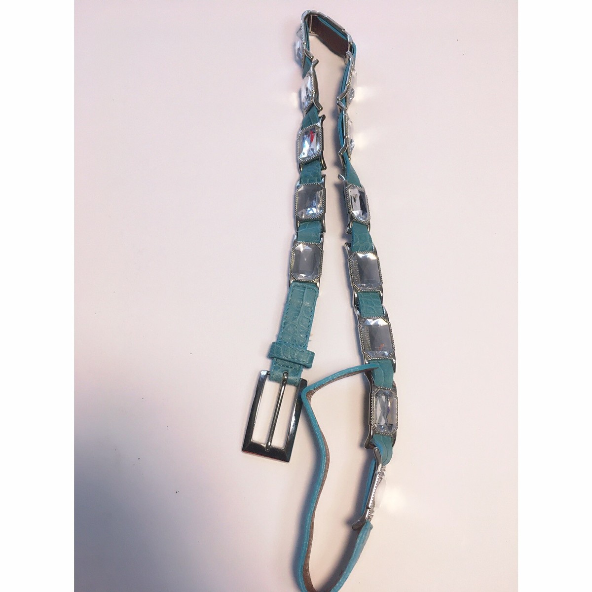 Y2K Italy Collection Vera Pelle Leather Belt Blue Silver Big  display picture 2