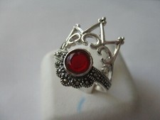 Sterling silver crown jewel ring synthetic Ruby marcasite solid 925 women size 8