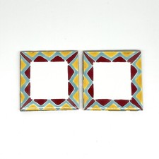 Vtg. Lot of 2 MADE IN USA Ceramic Tiles Geometric Yellow Hand painted 4-1/4โ Sq.