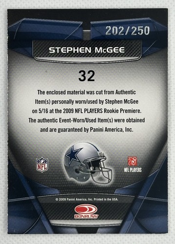 2009 Donruss Gridiron Gear - Performers Jerseys #32 STEPHEN MCGEE MEM, SN250 - Picture 2 of 2