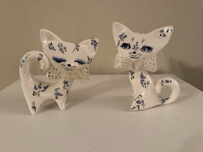Two Cubist Flat Faced Cat Figurine White McFarlin Lipper