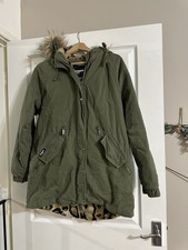 Superdry Lucy Rookie Parka Khaki Green Faux Fur Animal Print Hooded Coat Size 8