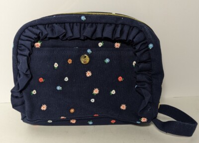 Ban.do Makeup Bag, Navy with Small Flowers Ruffle Zip Around