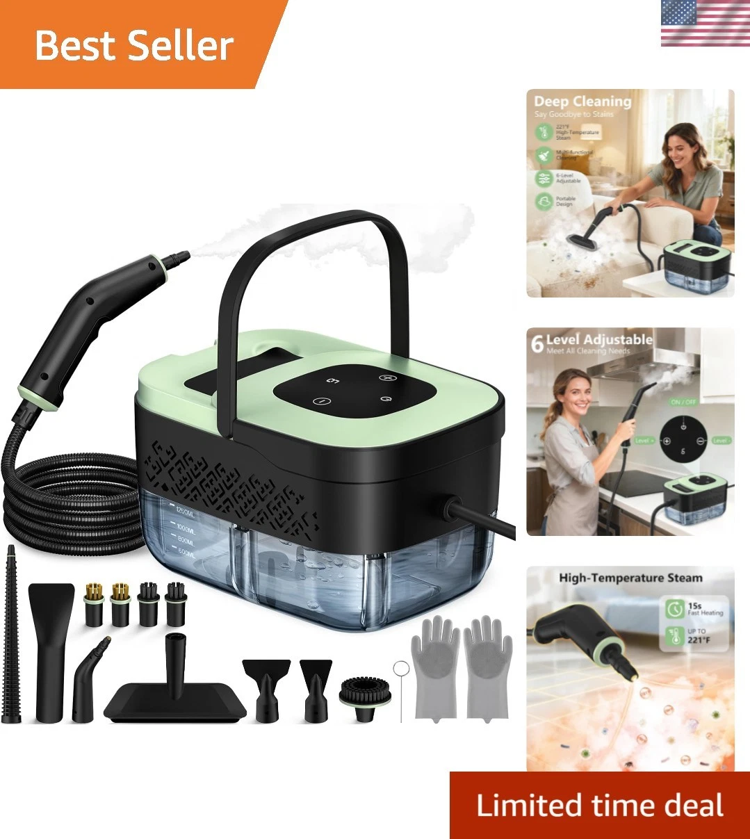 Steam Cleaner, Portable Steamer for Cleaning with 16pcs Accessories, 6-Level ...