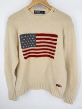 Vintage Polo Ralph Lauren Sweater Mens S Cream American Flag Knit Preppy USA