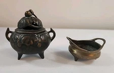 2 x Vintage Metal Bronze/Brass Tripod Incense Burner Censer Footed
