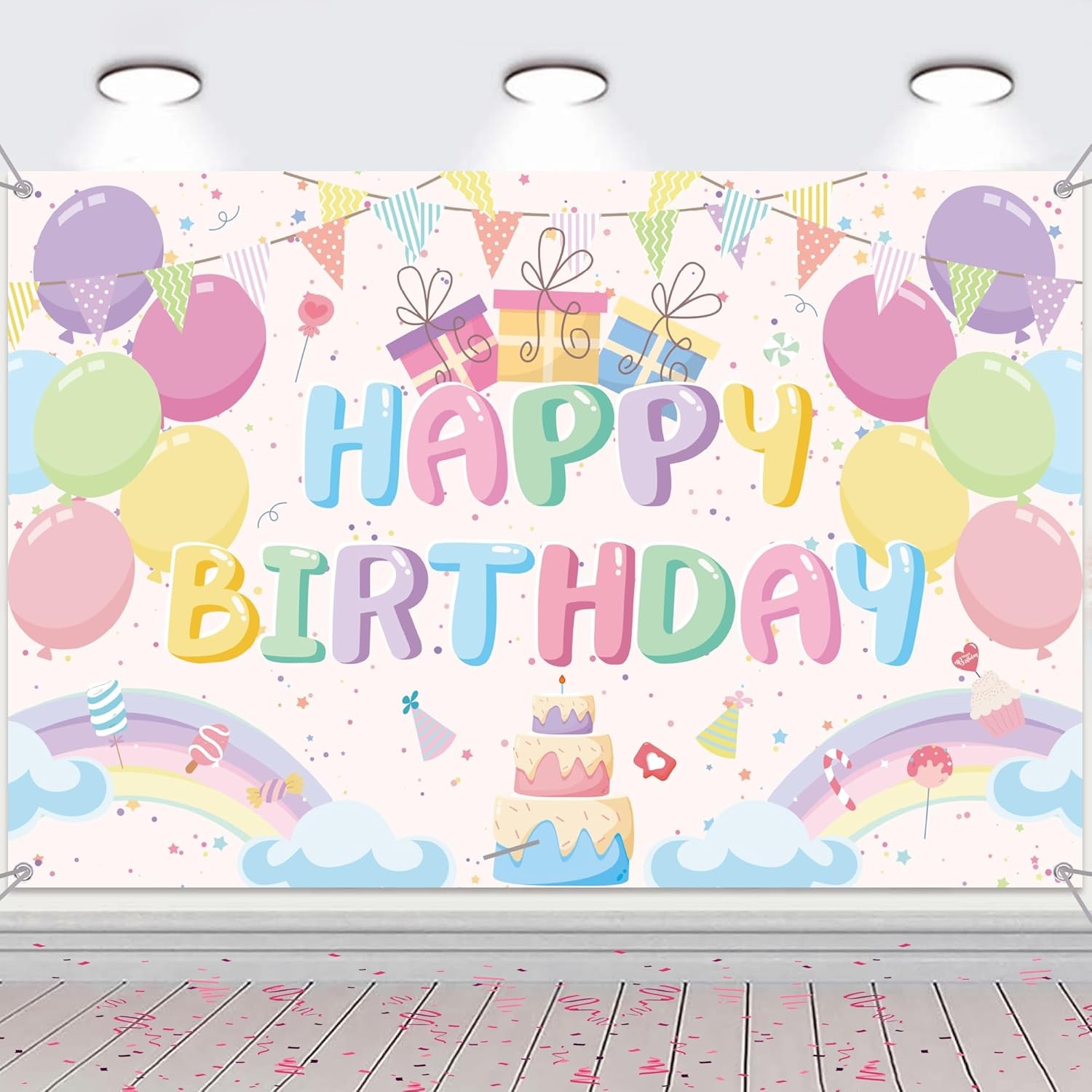 Pastel Birthday Decorations Party Backdrop - Rainbow Happy Birthday Banner Deco