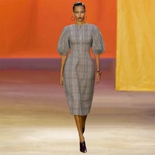 CELINE SILK  WOOL PLAID PRINTED DRESS WITH PUFF SLEEVES SIZE 36 PHOEBE PHILO