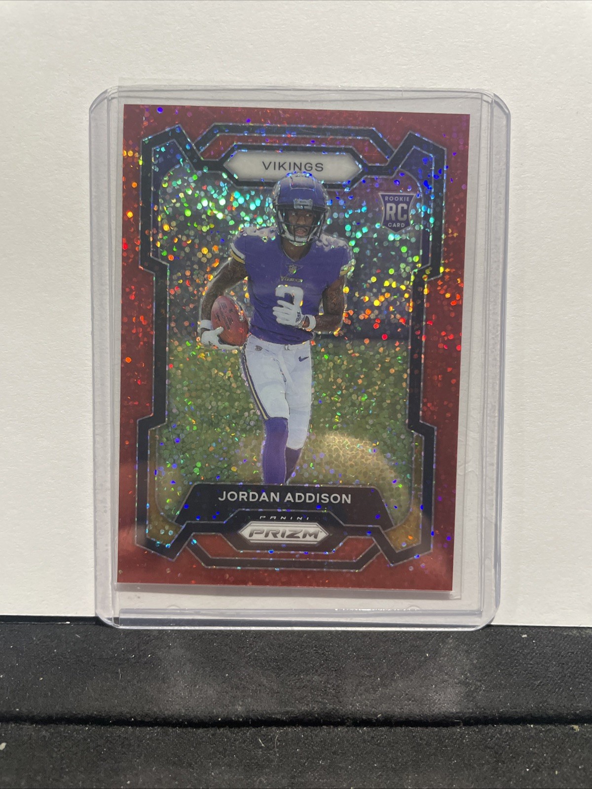 Jordan Addison 2023 Panini Prizm Rookie Red Sparkle Holo #368 RC Vikings SP