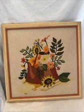 Fabulous Vtg Completed Needlepoint Embroidery Picture Crewel Cottagecore 16x16  