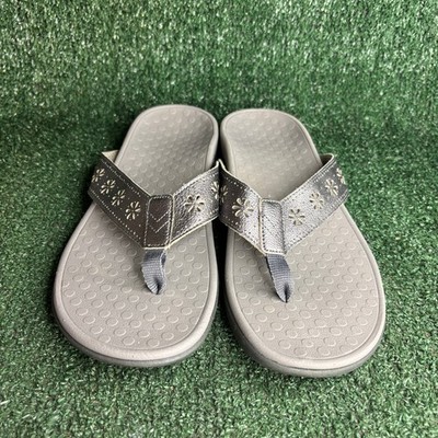 NEW Vionic Shona Orthotic Perforated Floral Flip Flop Pewter Grey Womens Size 11