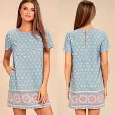 Lulu's Secret Paradise Blue Mixed Print Shift Mini Dress Keyhole Back Women's XS