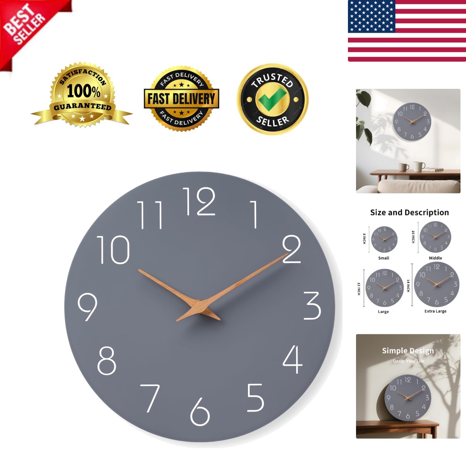 Wall Clock 8 Inch Gray Battery Operated Silent Non Ticking S