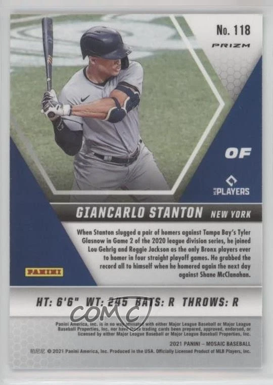 2021 Panini Mosaic White Sparkle Mosaic Prizm Giancarlo Stanton #118 - Image 2 of 2