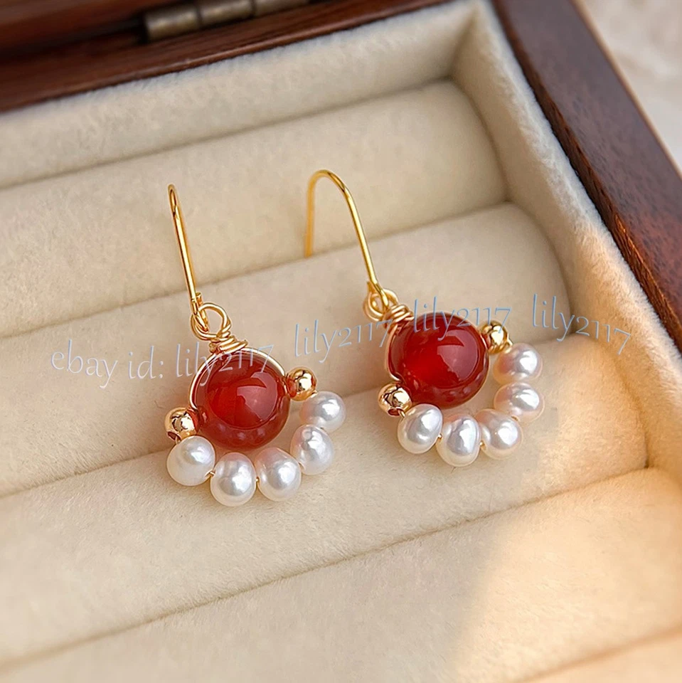 Natural White Freshwater Pearl Red Agate Round Gems Beads Dangle Hook Earrings - Image 3 of 4
