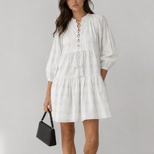 Tory Burch Cotton Lace-up Plaid Short Dress In Windowpane Cotton, size XS