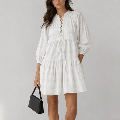 Tory Burch Cotton Lace-up Plaid Short Dress In Windowpane Cotton, size XS