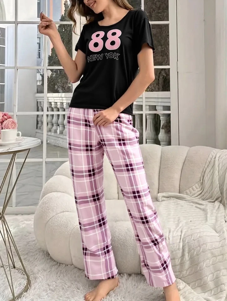 Conjunto de pijama para damas estampado a cuadros cuello redondo botones ropa de dormir conjunto de salón S a XXL Foto 2 de 4