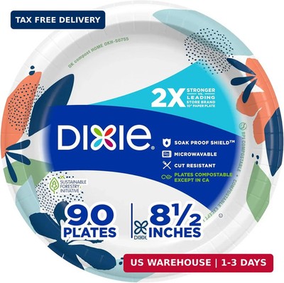 Dixie Medium Paper Plates, 8.5 Inch, 90 Count, 2X Stronger*, Microwave-Safe, Soa