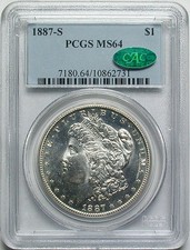 PCGS Certified MS 64 Graded 1887 Year Morgan US Dollars (1878-1921