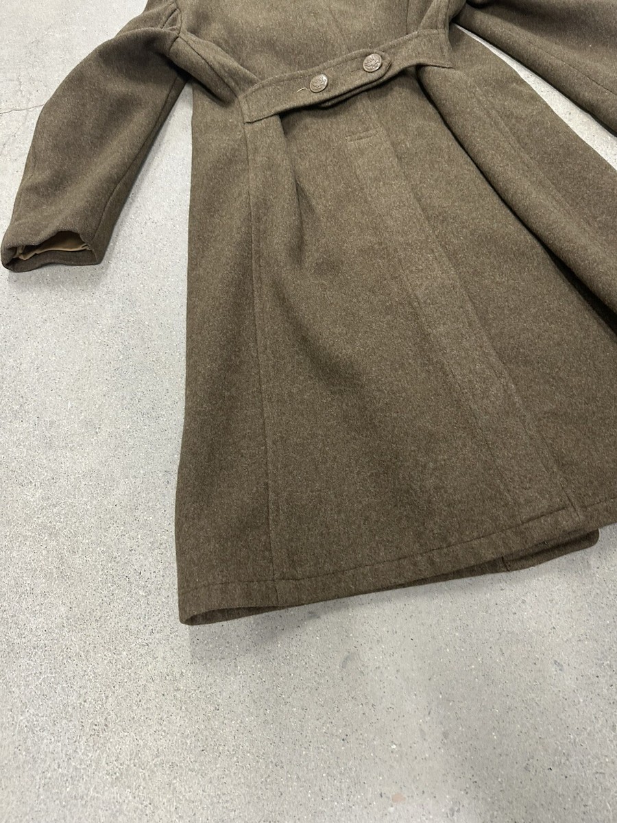 Vintage WWII Melton Wool Overcoat 36R Trench Coat OD Roll Collar